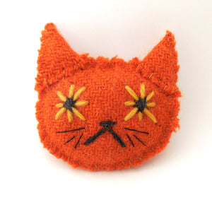 Orange Harris Tweed Cat Brooch