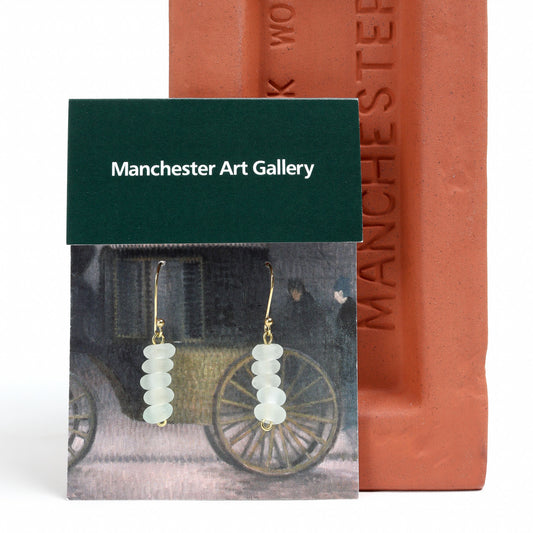 Pair of white beaded earrings on a Manchester Art Gallery card with a textured background