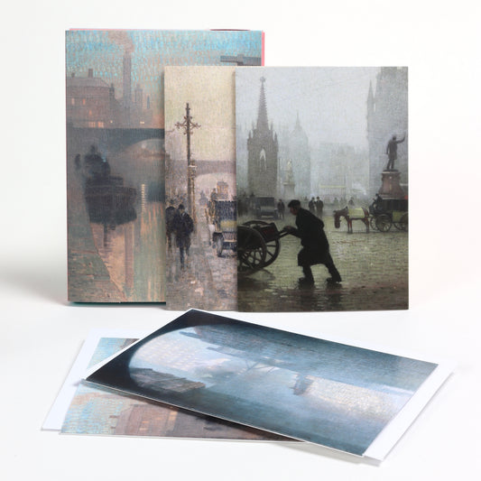 Multipack of cards photographed on a white background. Three cards are propped up with two lying in the forground. The cards feature paintings by Valette.
