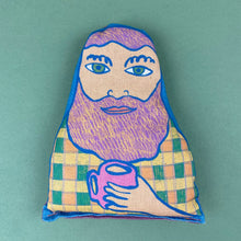 Load image into Gallery viewer, fabric lavender bags with illustrated faces of a man with a beard  holding a mug
