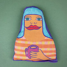 Load image into Gallery viewer, fabric lavender bags with illustrated faces of a woman with long hair holding a mug
