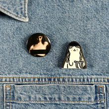 Load image into Gallery viewer, Sappho Censored badge and ceramic pin on a jacket
