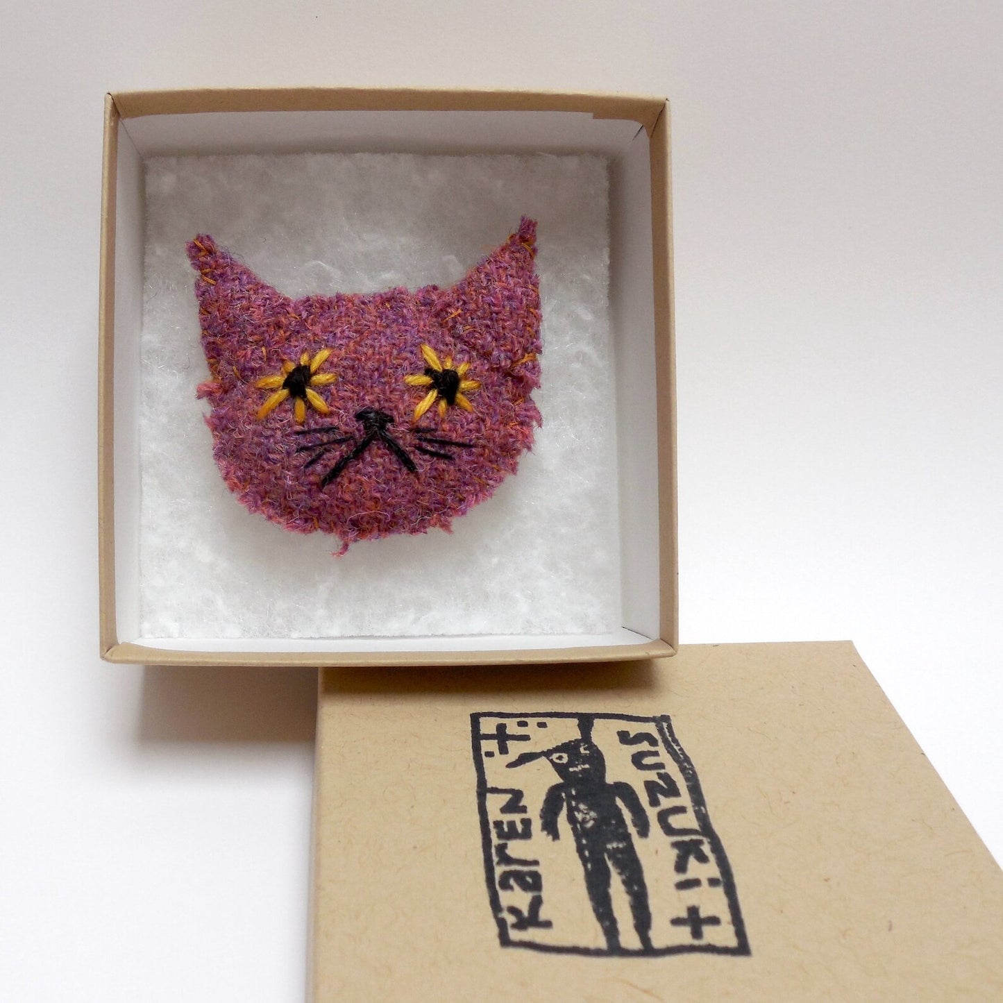 Deep Lilac Harris Tweed Cat Brooch