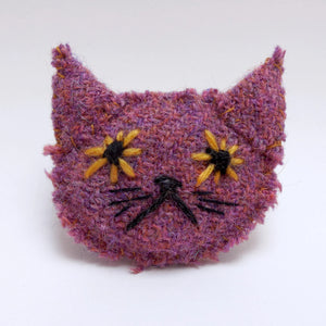 Deep Lilac Harris Tweed Cat Brooch