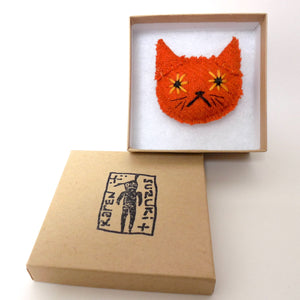 Orange Harris Tweed Cat Brooch